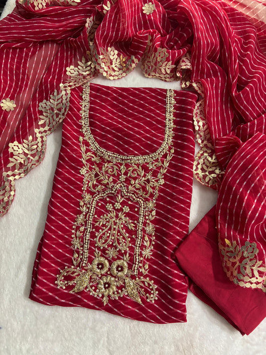 Festive Collection Bright Red Leheriya Georgette Suit with Heavy Hand Embroidery zardozi work | THE BHANKAR'S (Copy)
