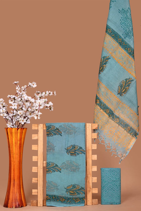 Turquoise Sanganeri Handblock Printed Kota Doria Suit Material With Kota Doria Dupatta with Jari Border| The Bhankar's| RF