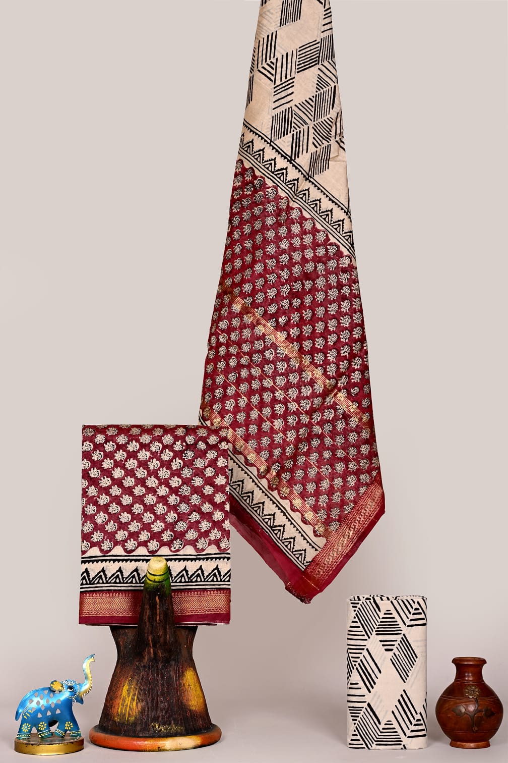 Beautiful Handblock Printed Premium Maheshwari Silk Unstitched Suit with Cotton Bottom – Festive Ready | The Bhankar's | RF