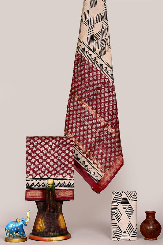 Beautiful Handblock Printed Premium Maheshwari Silk Unstitched Suit with Cotton Bottom – Festive Ready | The Bhankar's | RF