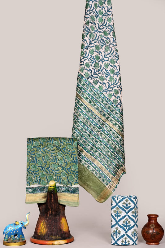 Hand-Printed Premium Maheshwari Silk Unstitched Suit with Cotton Bottom – Festive Ready | The Bhankar's | RF