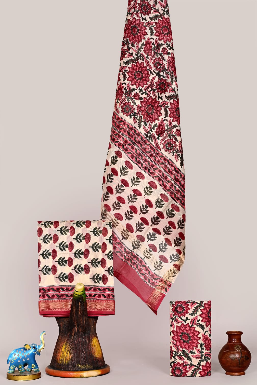 Bagru Handblock Printed Premium Maheshwari Silk Unstitched Suit with Cotton Bottom – Festive Ready | The Bhankar's | RF