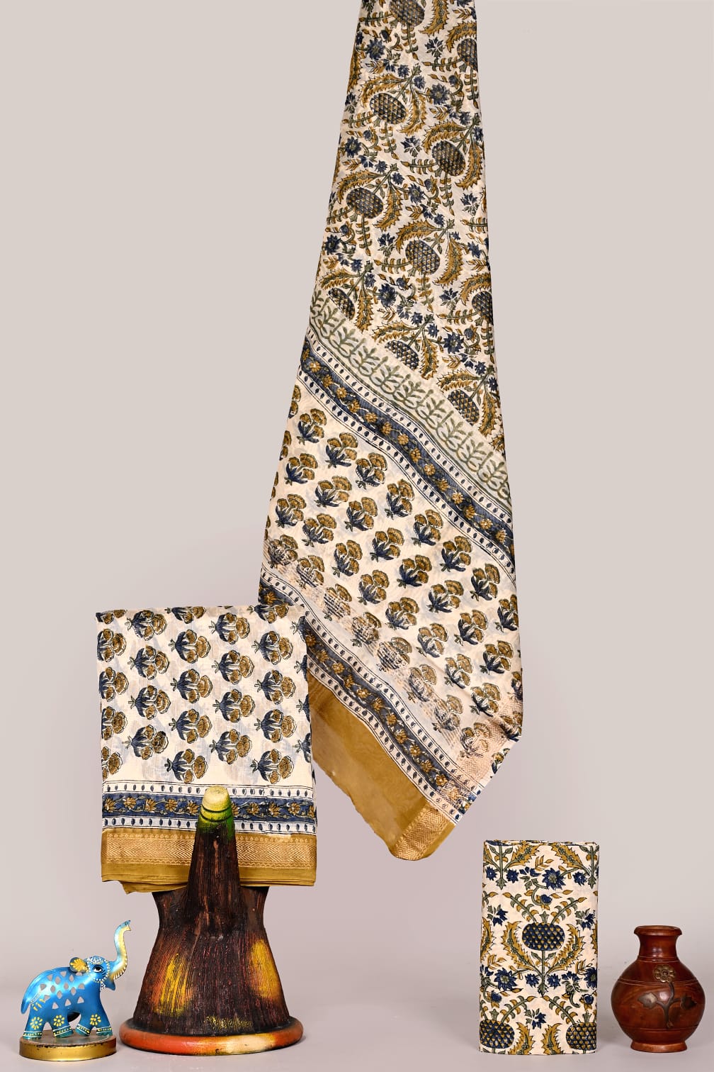 Bagru Natural Premium Maheshwari Silk Unstitched Suit with Cotton Bottom – Festive Ready | The Bhankar's | RF