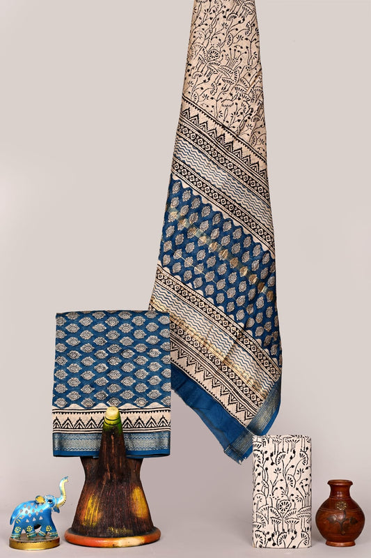 Premium Maheshwari Silk Unstitched Suit with Cotton Bottom – Festive Ready | The Bhankar's | RF
