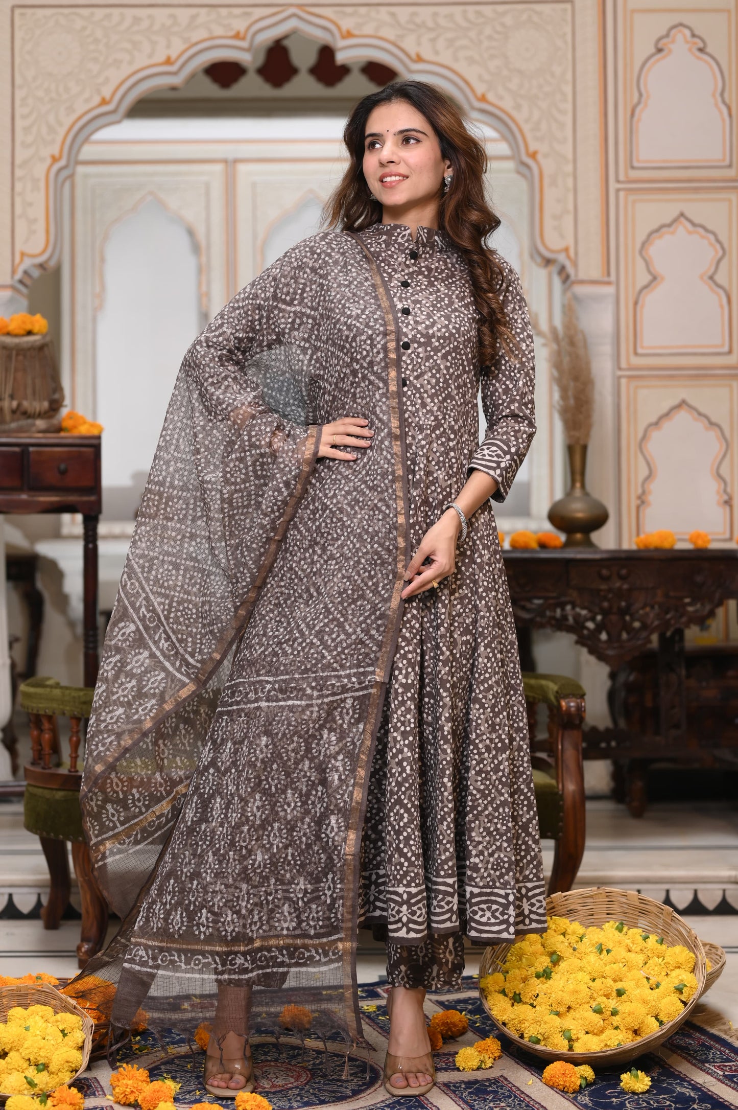 Bagru Handblock Printed Anarkali Set With Kota doria Dupatta with Zari Border