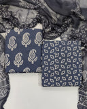 Grey Dabu Hand Block Printed Cotton Suit With Chiffon Dupatta