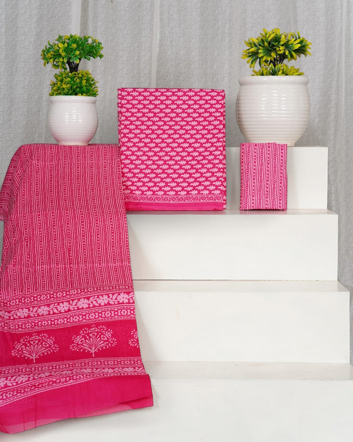 Hand Block Printed Cotton Suit With Mulmul Cotton Dupatta