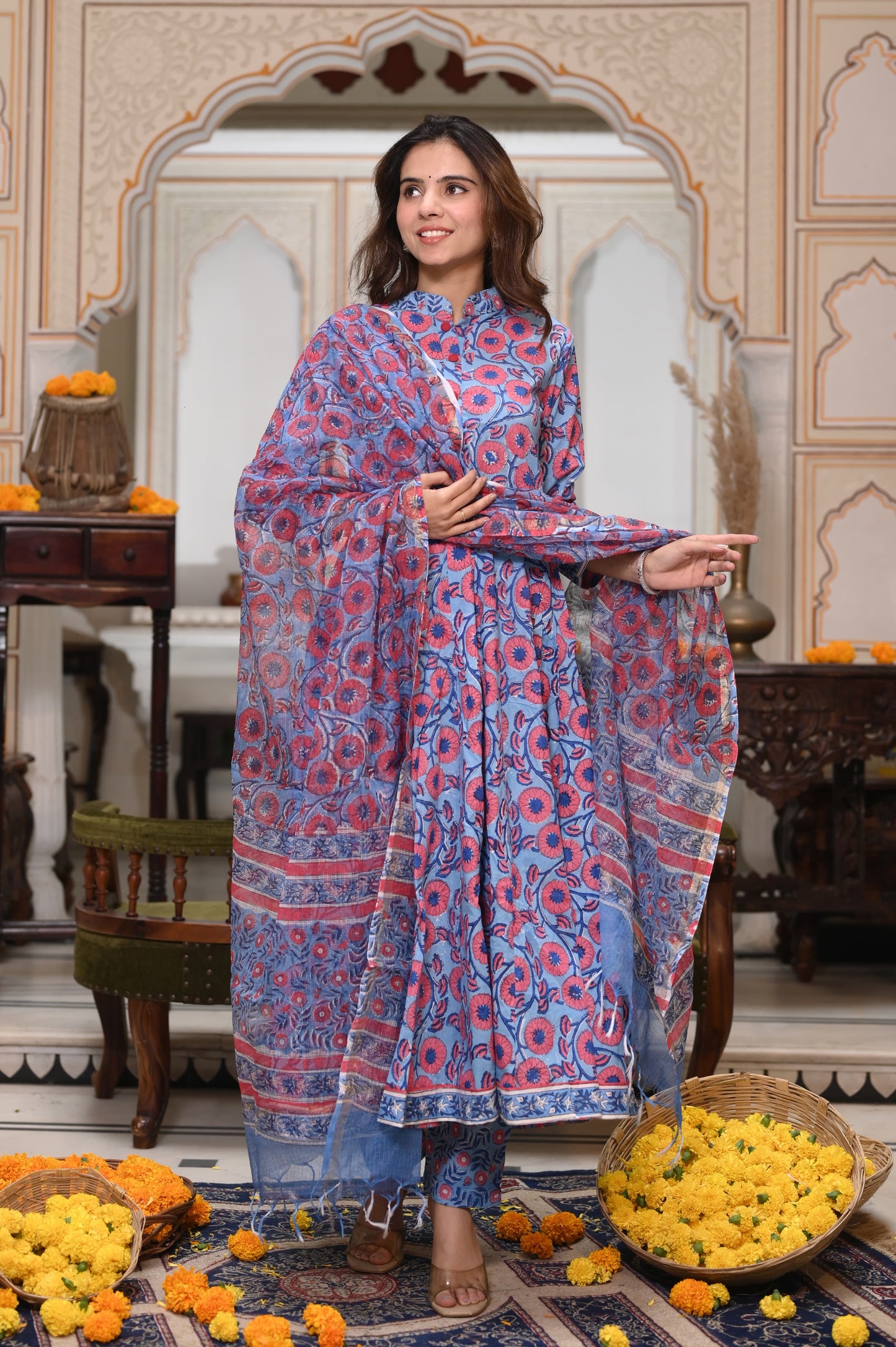 Bagru Handblock Printed Anarkali Set With Kota doria Dupatta with Zari Border