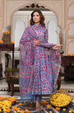 Bagru Handblock Printed Anarkali Set With Kota doria Dupatta with Zari Border