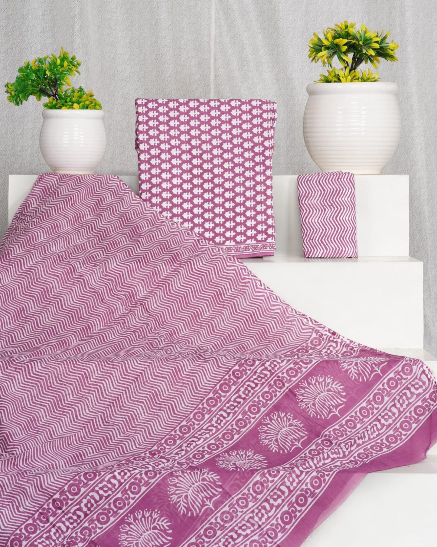 Hand Block Printed Cotton Suit With Mulmul Cotton Dupatta