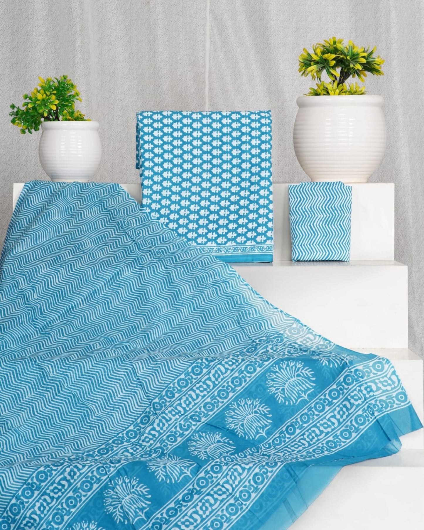 Hand Block Printed Cotton Suit With Mulmul Cotton Dupatta