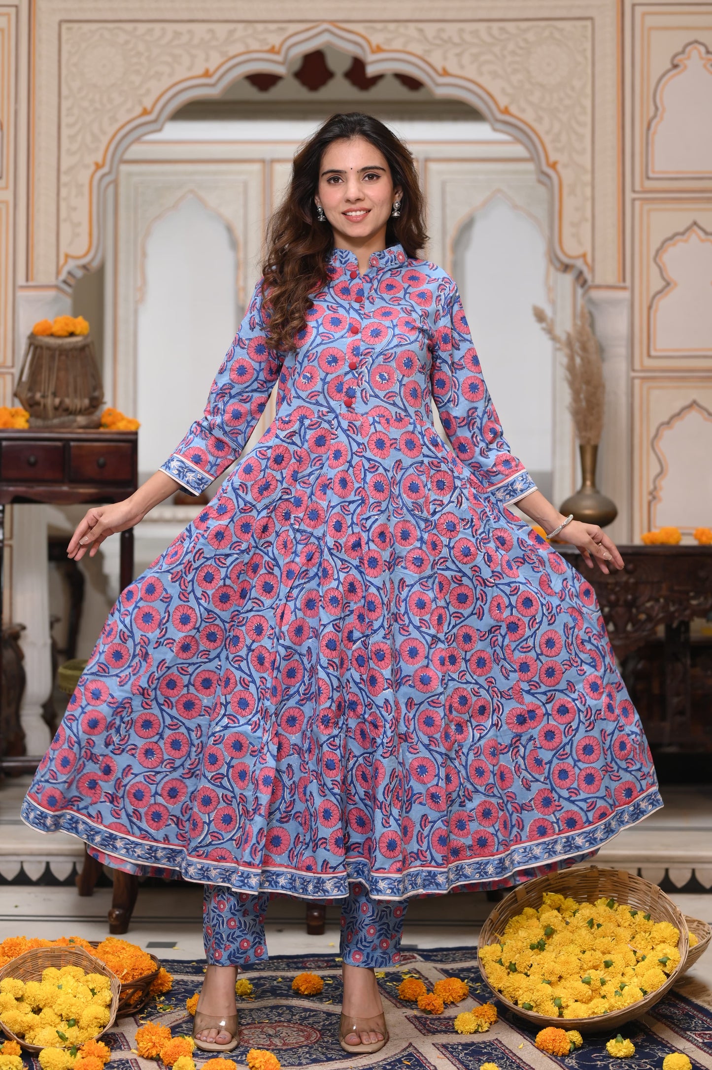 Bagru Handblock Printed Anarkali Set With Kota doria Dupatta with Zari Border