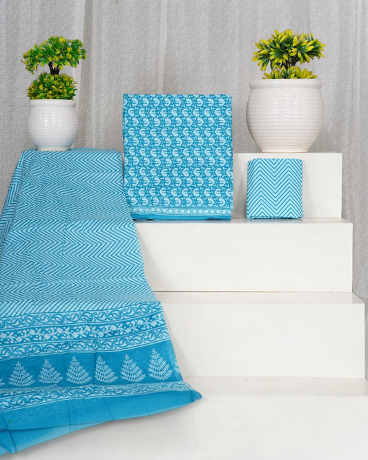 Hand Block Printed Cotton Suit With Mulmul Cotton Dupatta