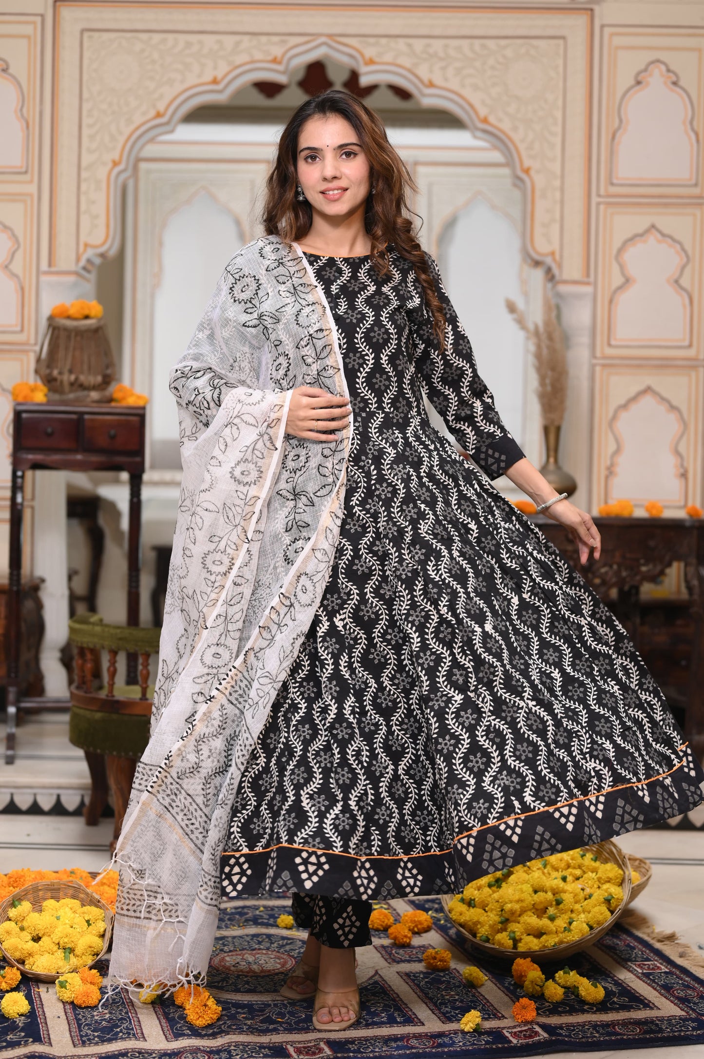 Bagru Handblock Printed Anarkali Set With Kota doria Dupatta with Zari Border
