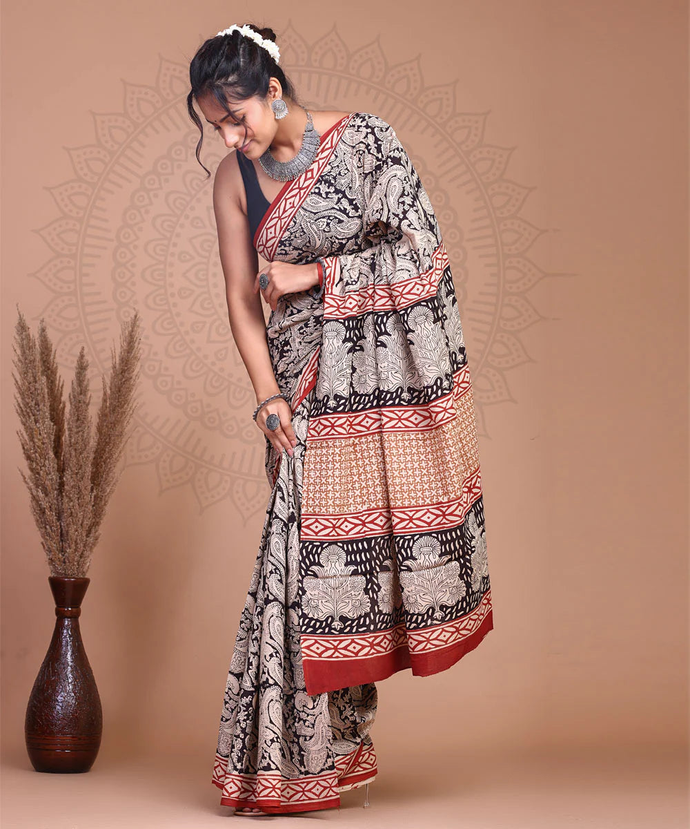 Bagru Kalamkari Handblock Printed Cotton Mulmul Saree with Blouse Piece
