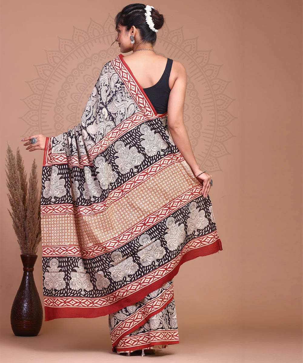 Bagru Kalamkari Handblock Printed Cotton Mulmul Saree with Blouse Piece