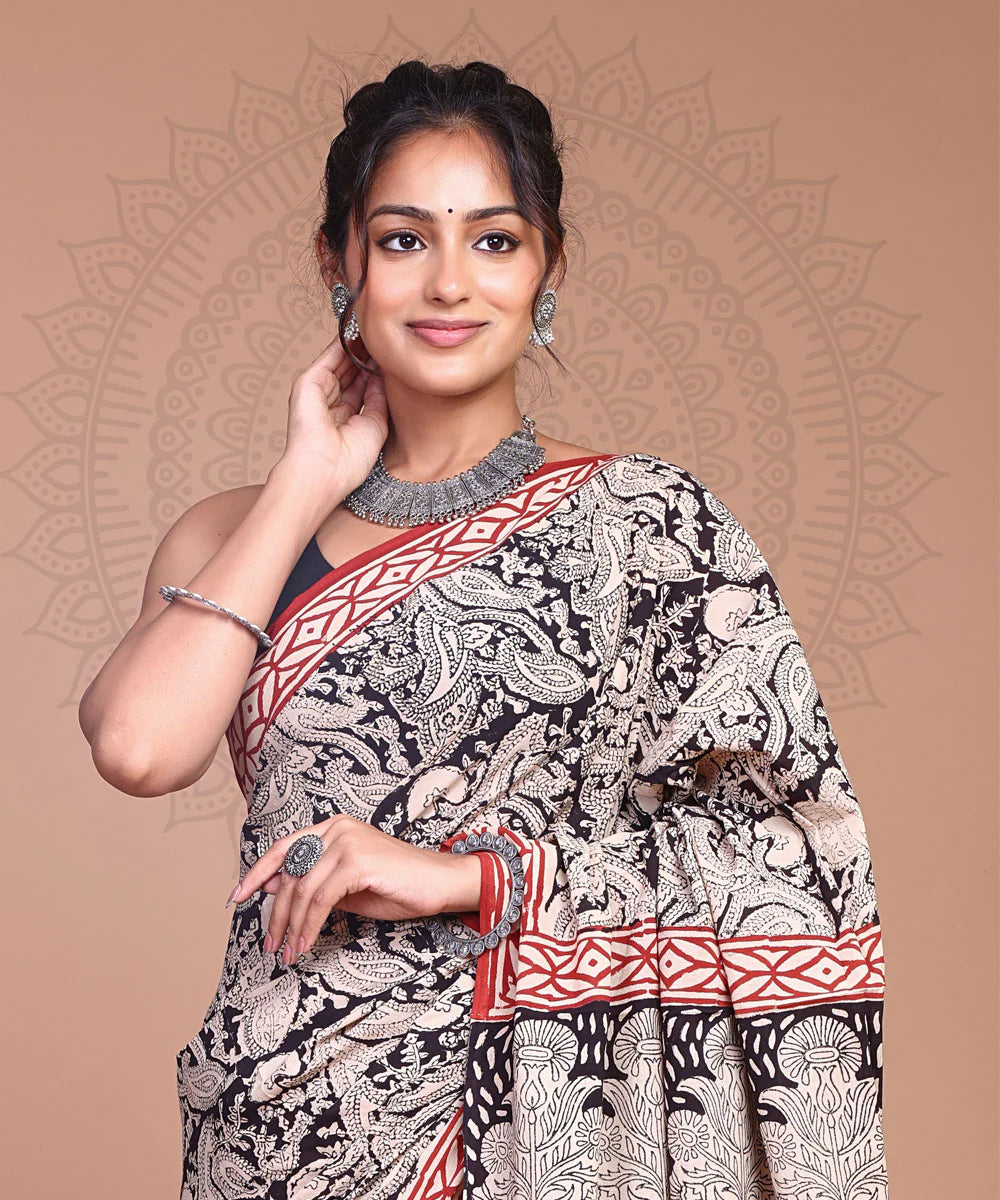Bagru Kalamkari Handblock Printed Cotton Mulmul Saree with Blouse Piece